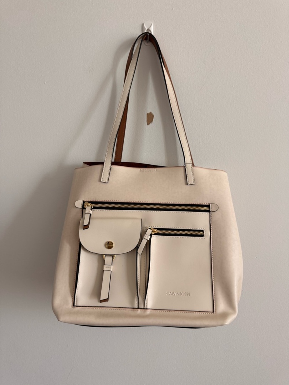 Calvin Klein Cream Tote with Front Pocket Details